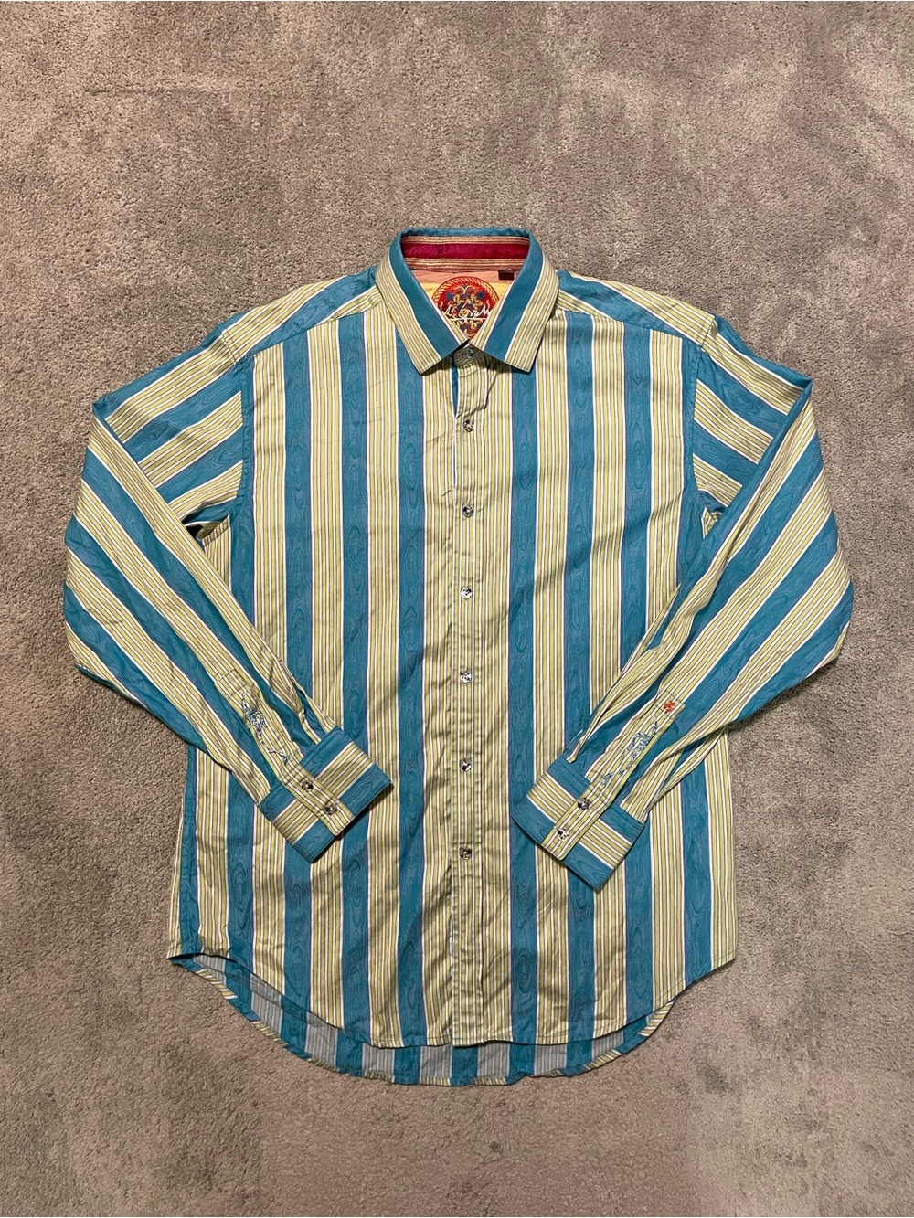 Robert Graham Mens L Blue Green Striped Jacquard Button Down Geometric Flip Cuff